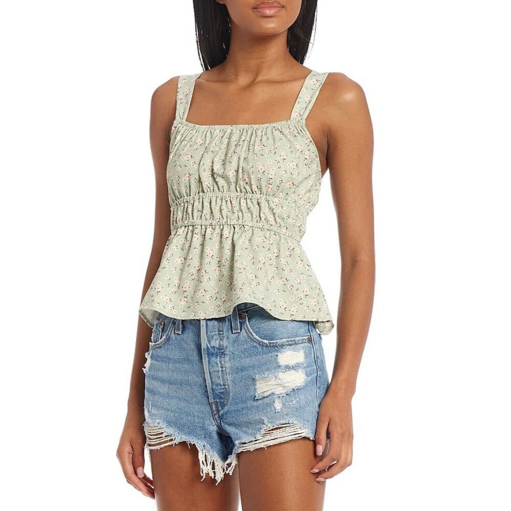 Originality Women’s Size Large Square Neck Floral Printed Peplum Tank In Sage